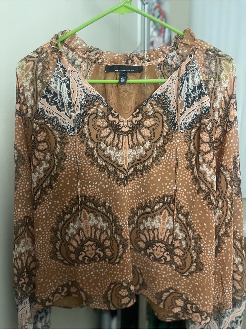 White House Black Market- Paisley Print Long-Sleeve Blouse in Tan and Black